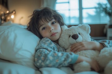 Young child in cozy pajamas hugging a white teddy bear in bed during early morning light.