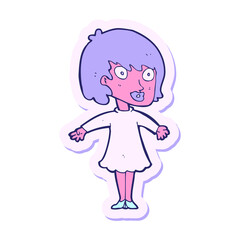 sticker of a cartoon woman wearing dress in bright neon color
