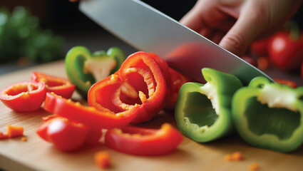 Bell Peppers Being Chopped and Diced on a Cutting Board