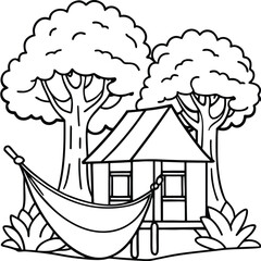 Rural hut with tree and other element kids coloring page