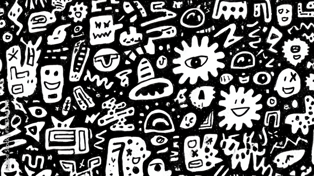 Poster abstract characters and symbols merging into playful, hand drawn pattern design, creating imaginativ