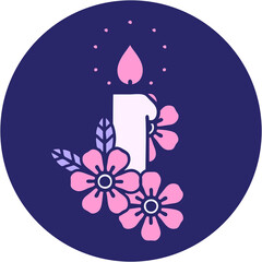 iconic tattoo style image of a candle and flowers in bright neon color