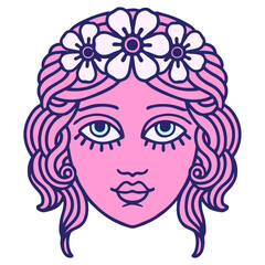 tattoo in traditional style of female face with crown of flowers in bright neon color