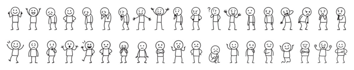 Set of black stick figure men with different emotions and gestures isolated on white background. Concept of mood, feelings, comic character design, emotion collection, cartoon doodle elements