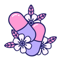 iconic tattoo style image of pills and flowers in bright neon color