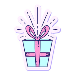sticker of a tattoo style christmas present in bright neon color