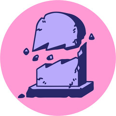 iconic tattoo style image of a broken grave stone in bright neon color