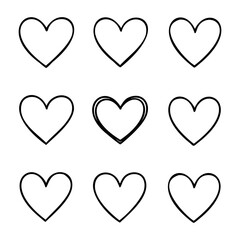 Vector set of nine minimalist heart outlines in grid pattern. Vector hand-drawn doodle illustration