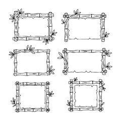 Set of six hand-drawn bamboo frames with leaves for decorative designs. Vector hand-drawn doodle illustration