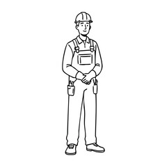 Fototapeta premium Male construction worker in uniform with tools and helmet standing confidently. Vector hand-drawn doodle illustration