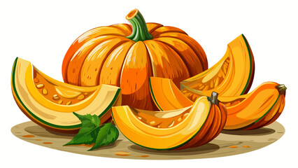 Sliced organic pumpkin wedges, bright orange with textured skin, rest beside whole squashes, creating a warm autumn composition full of color, nutrition, and cozy harvest energy on white background.