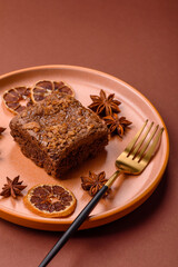Chocolate brownie cake, food, sweet dessert with nuts rectangular shape. Sweet chocolate brownie