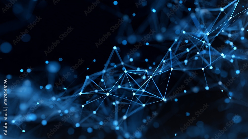 Poster abstract network of blue lines and dots, futuristic connection with deep space background design con