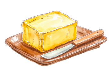 Hand-drawn illustration of a butter block on a brown dish with a knife, isolated on a transparent background.