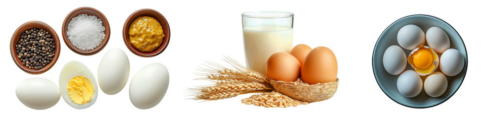 A collection of eggs, milk, mustard, pepper, and salt in wooden bowls, isolated on a transparent background.