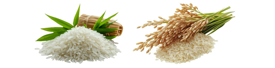 A set of white rice with green leaves and rice plants, isolated on a transparent background.