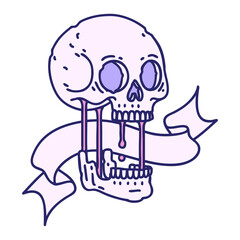 traditional tattoo with banner of a skull in bright neon color