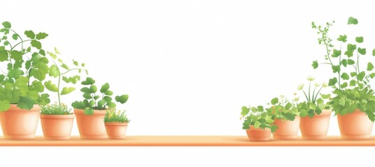 Horizontal garden shelf with potted ivy, mint, and geraniums in clay pots bathed in warm sunlight, evoking a cozy rustic aesthetic.