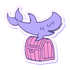 sticker of a cartoon shark swimming over treasure chest in bright neon color