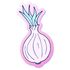 sticker of a cartoon onion in bright neon color