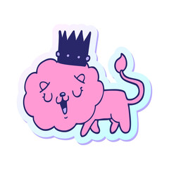sticker of a cartoon lion with crown in bright neon color