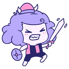 freehand drawn cartoon of kawaii viking child in bright neon color