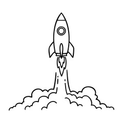 Outline of a rocket launch with vibrant exhaust illustration. Vector hand-drawn doodle illustration