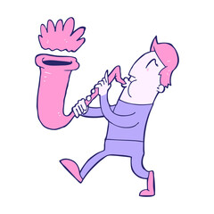 cartoon man blowing saxophone in bright neon color