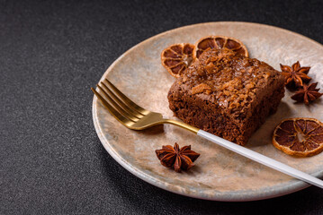 Chocolate brownie cake, food, sweet dessert with nuts rectangular shape. Sweet chocolate brownie