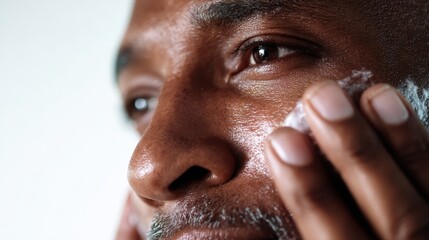 Mature african american male gently massaging facial moisturizer, embodying skincare dedication and personal grooming commitment for men's wellness and complexion health