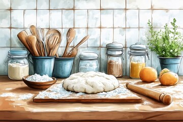 Hand-drawn kitchen interior with dough, utensils and ingredients.