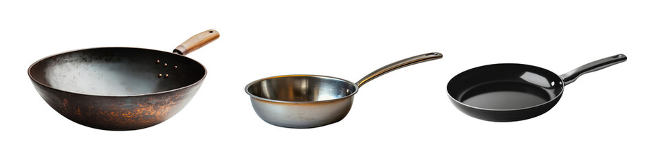 Set of frying pans and saucepans – transparent background.