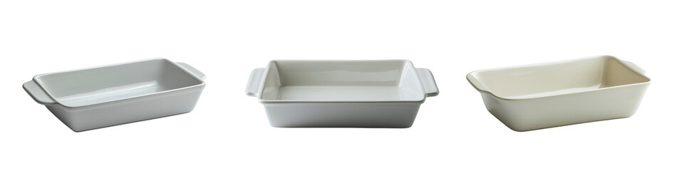 Collection of rectangular ceramic baking dishes – transparent background.