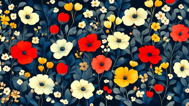 Vibrant floral pattern; red, yellow, white blossoms on dark background