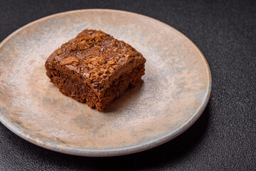 Chocolate brownie cake, food, sweet dessert with nuts rectangular shape. Sweet chocolate brownie