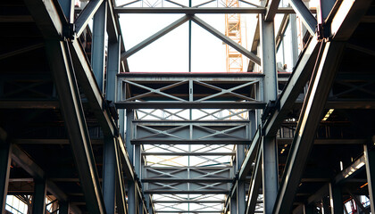 Geometric arrangement of industrial steel beams at a construction site, bathed in soft natural light.