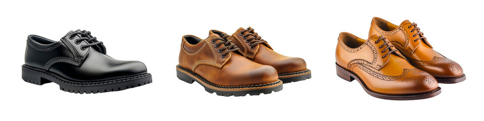 Collection of men's formal and casual leather shoes, transparent background...