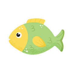 Cute yellow and green tropical fish illustration. Vector sea animal. Isolated on white background.