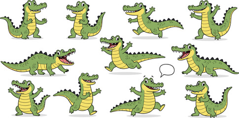 Cartoon crocodile character set, eleven green crocodiles, various action poses, waving, walking, running, smiling expressions, yellow belly detail, vector illustration, animal design