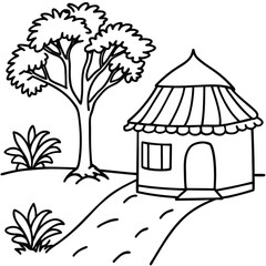Rural hut with tree and other element kids coloring page