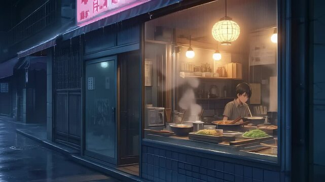 Cozy lo fi animated cafe with a chef cooking late at night in a rainy urban setting