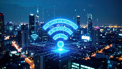 Cityscape at night with glowing wifi symbol
