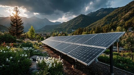 A panoramic shot showcasing solar panels in a beautiful mountain landscape at golden hour, highlighting the sun & sustainable energy.