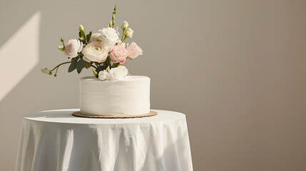 A simple white cake decorated with flowers on a table with a white tablecloth in soft light