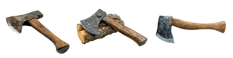 Set of three rustic axes with weathered wooden handles and aged metal blades, isolated on transparent background.