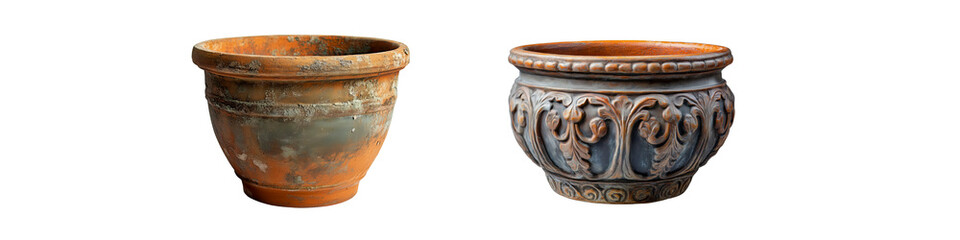Set of two aged terracotta plant pots with rustic textures and decorative patterns, isolated on transparent background.