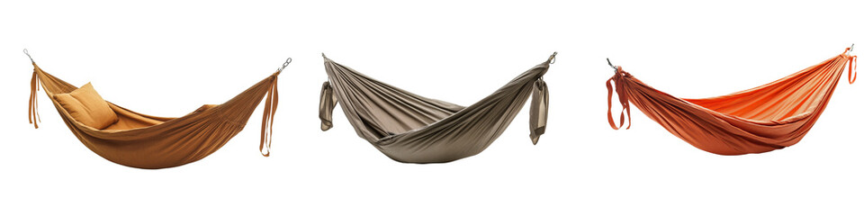 Set of three cozy fabric hammocks in earth tones with soft pillows, isolated on transparent background.