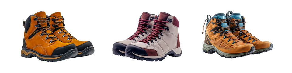 Collection of colorful trekking boots in different designs and color combinations, isolated on transparent background.