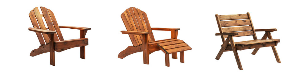 Set of three rustic wooden outdoor chairs with slanted backs and wide armrests, isolated on transparent background.