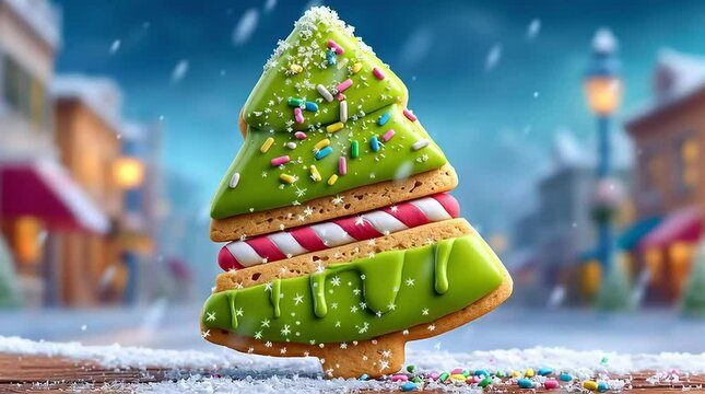A tree-shaped sugar cookie&sbquo;green icing shimmers, with snow falling in an abstract winter loop.